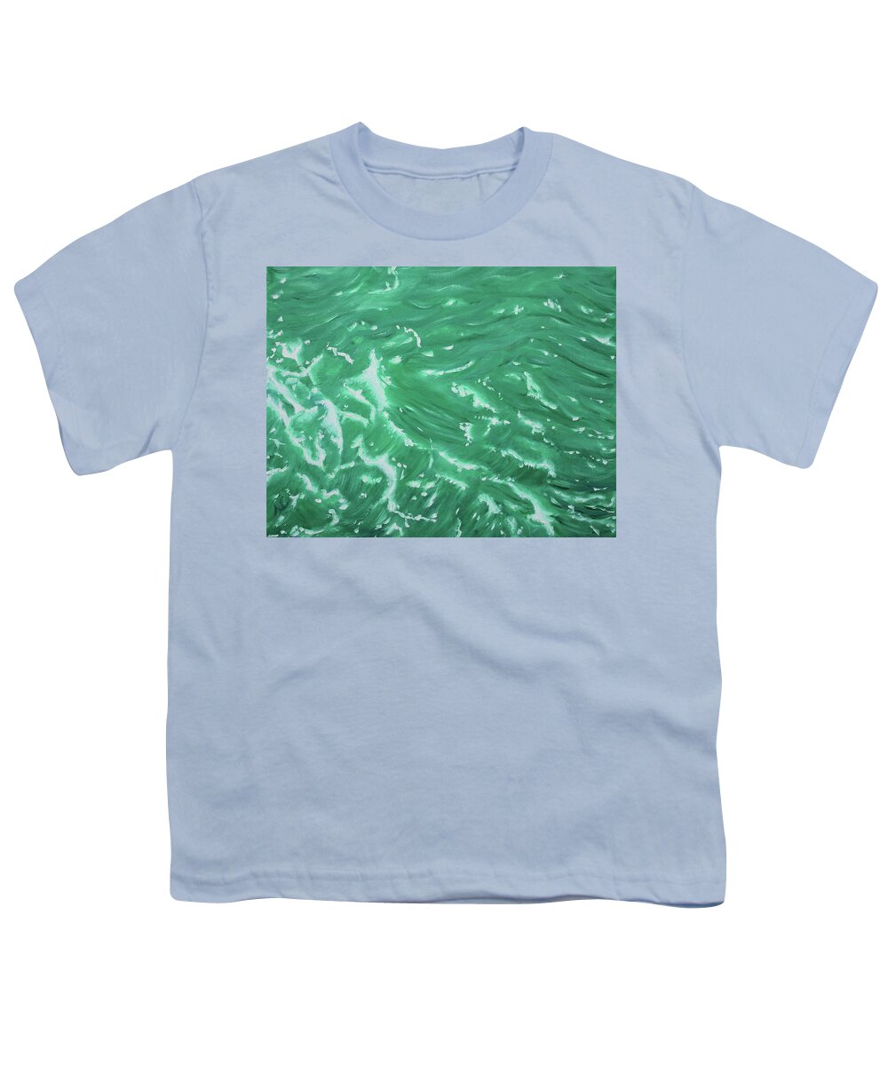Waves Youth T-Shirt featuring the painting Waves - Green by Neslihan Ergul Colley