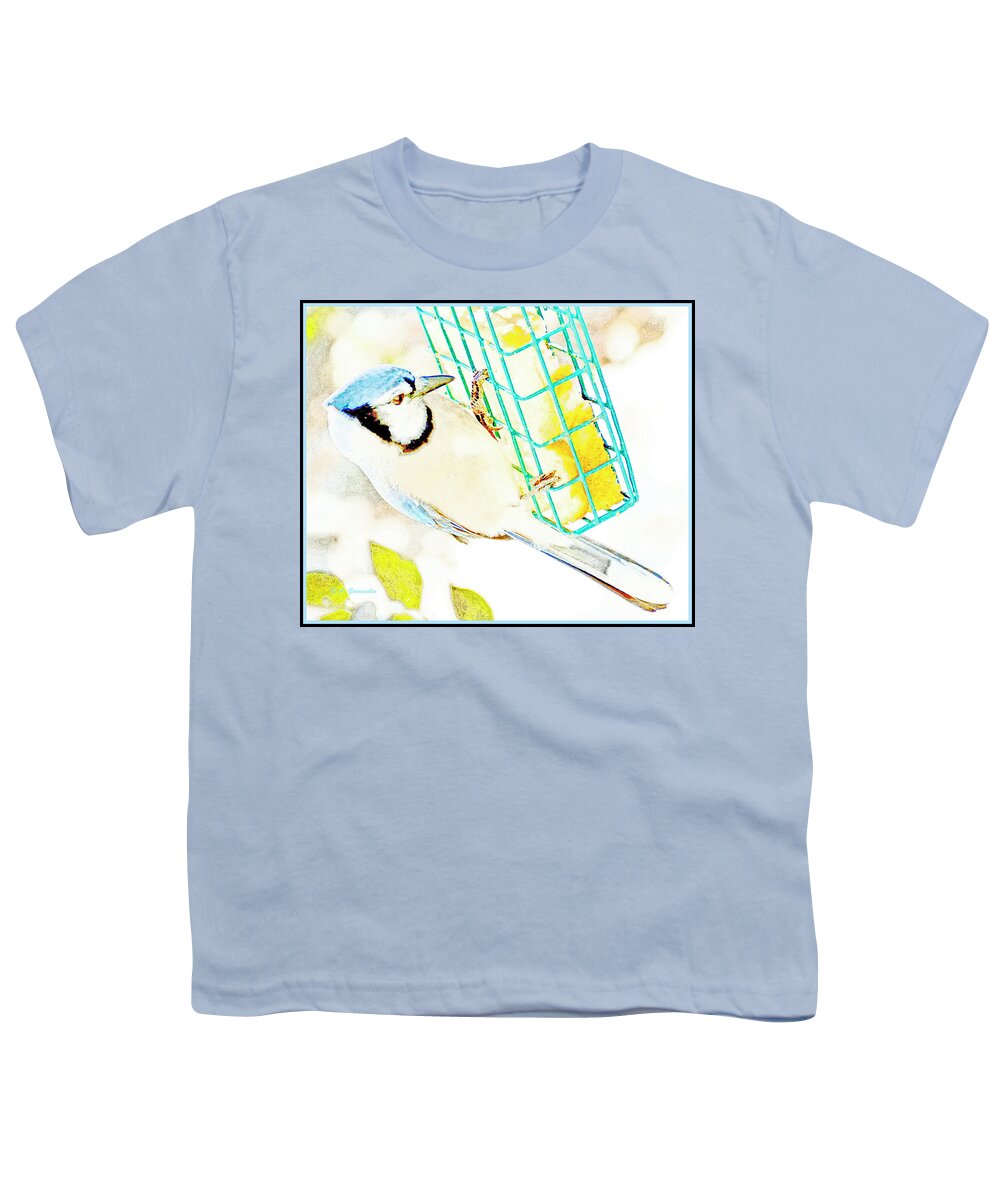 Winter Youth T-Shirt featuring the photograph Blue Jay on Bird Feeder in Snow #2 by A Macarthur Gurmankin
