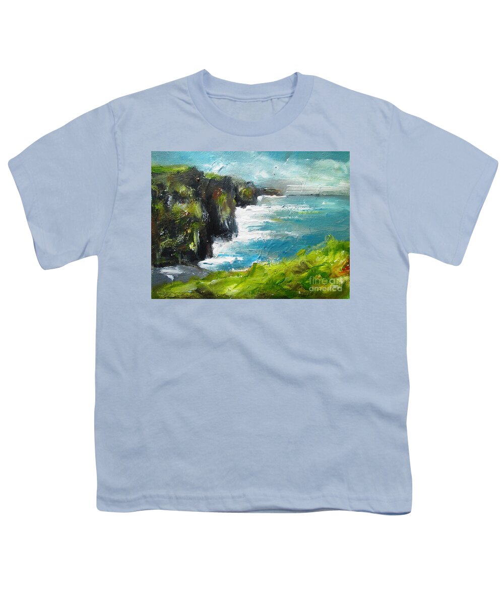 Moher Cliffs Youth T-Shirt featuring the painting Painting Of The Cliffs Of Moher County Clare Ireland by Mary Cahalan Lee - aka PIXI