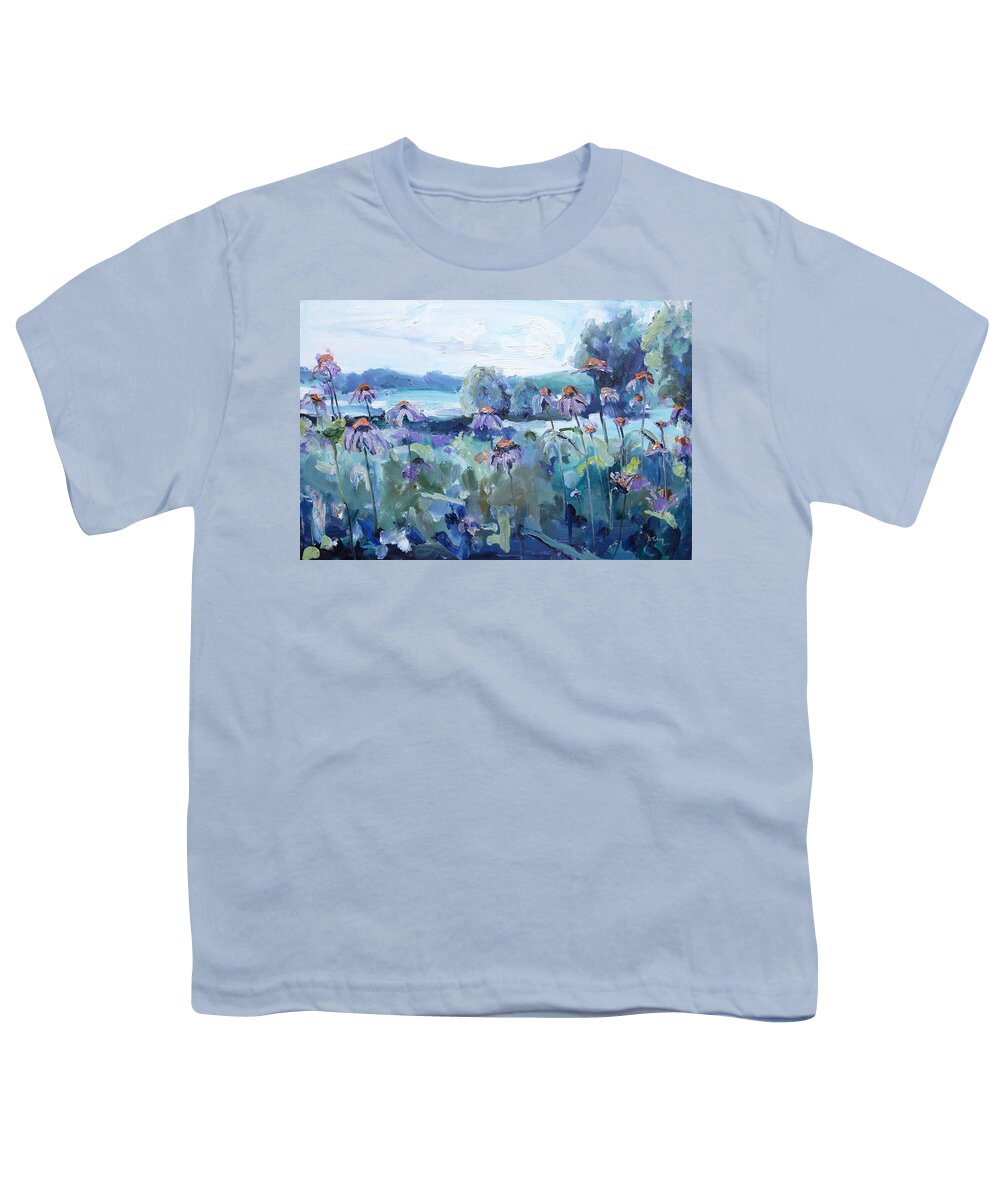 Landscaping Youth T-Shirt featuring the painting All Flowers in Time Bend Towards the Sun by Donna Tuten