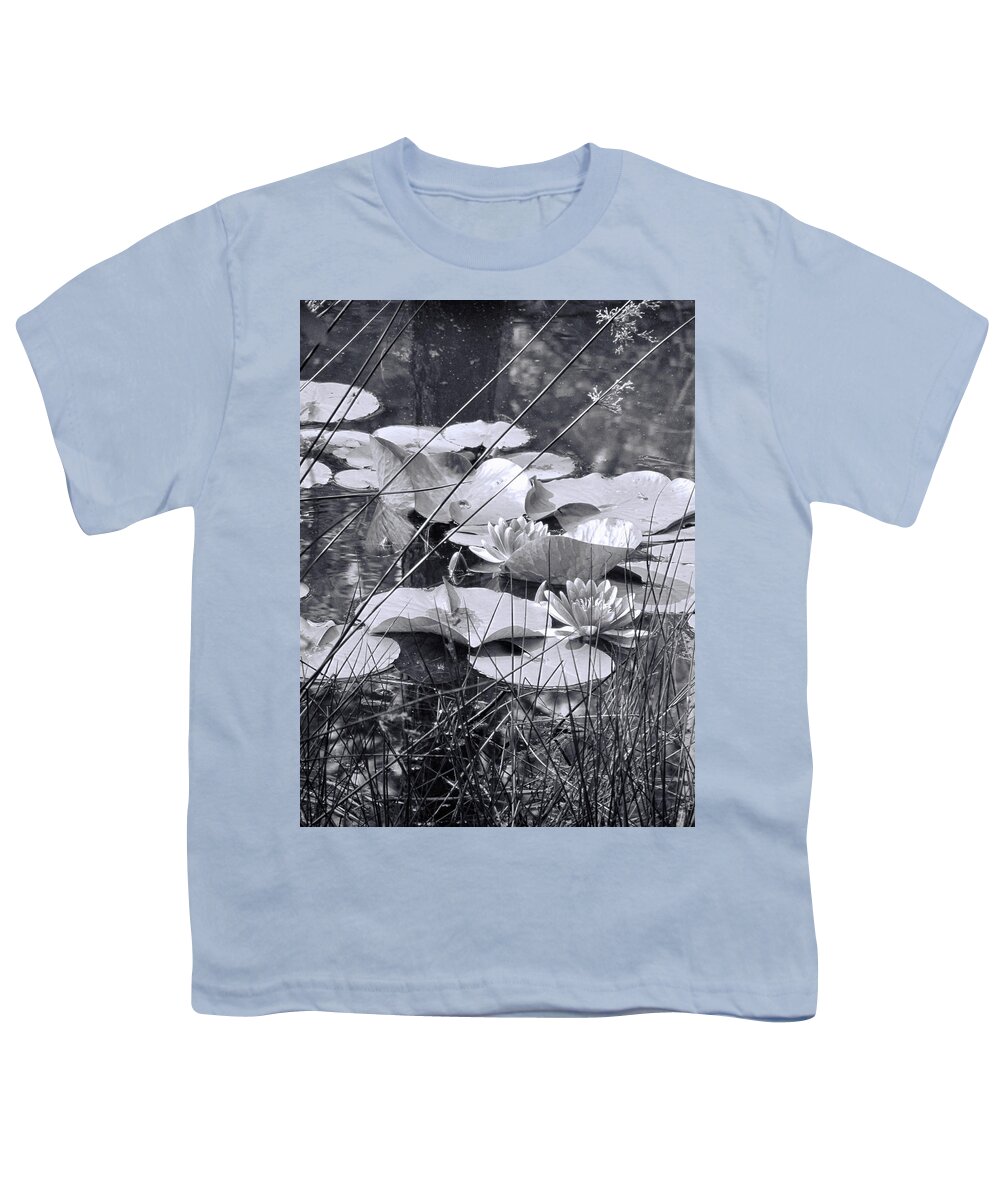 Waterlilies Youth T-Shirt featuring the photograph Aquatic Beauty in Black and White by Kathy Clark
