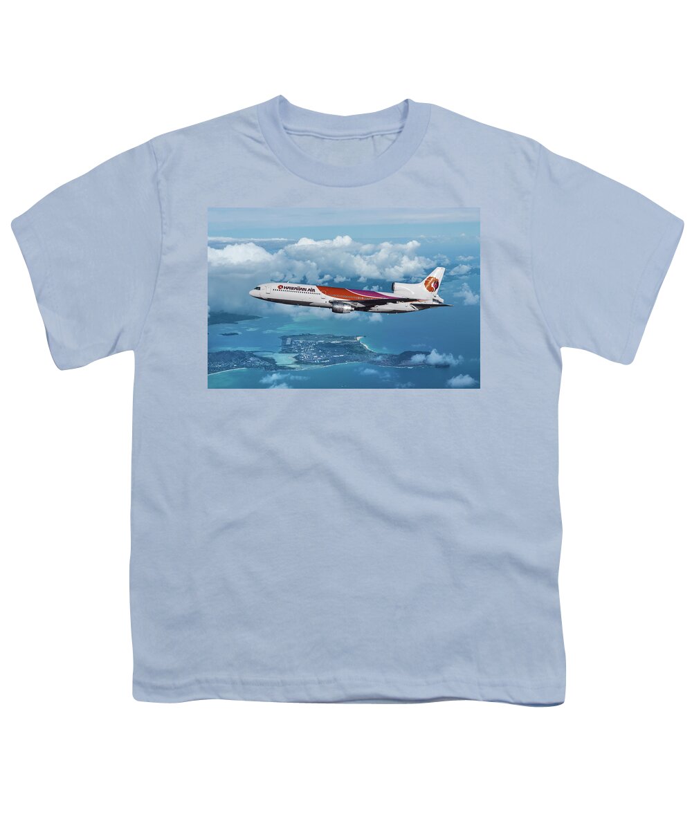 Hawaiian Airlines Youth T-Shirt featuring the mixed media Hawaiian Airlines L-1011 Over the Islands by Erik Simonsen