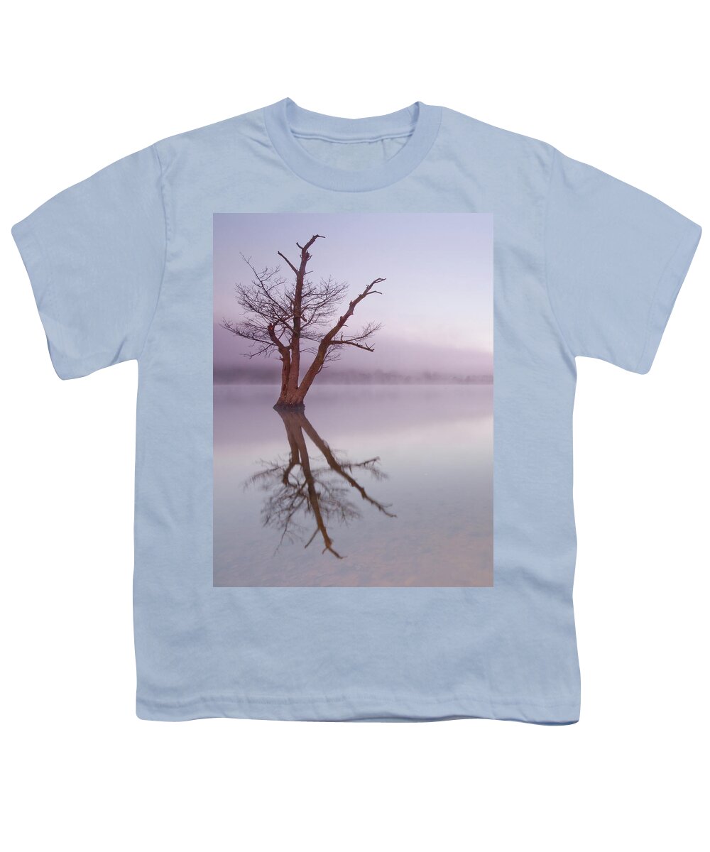 Landscape Youth T-Shirt featuring the photograph Lone tree in still lake in the mist at sunrise by Anita Nicholson