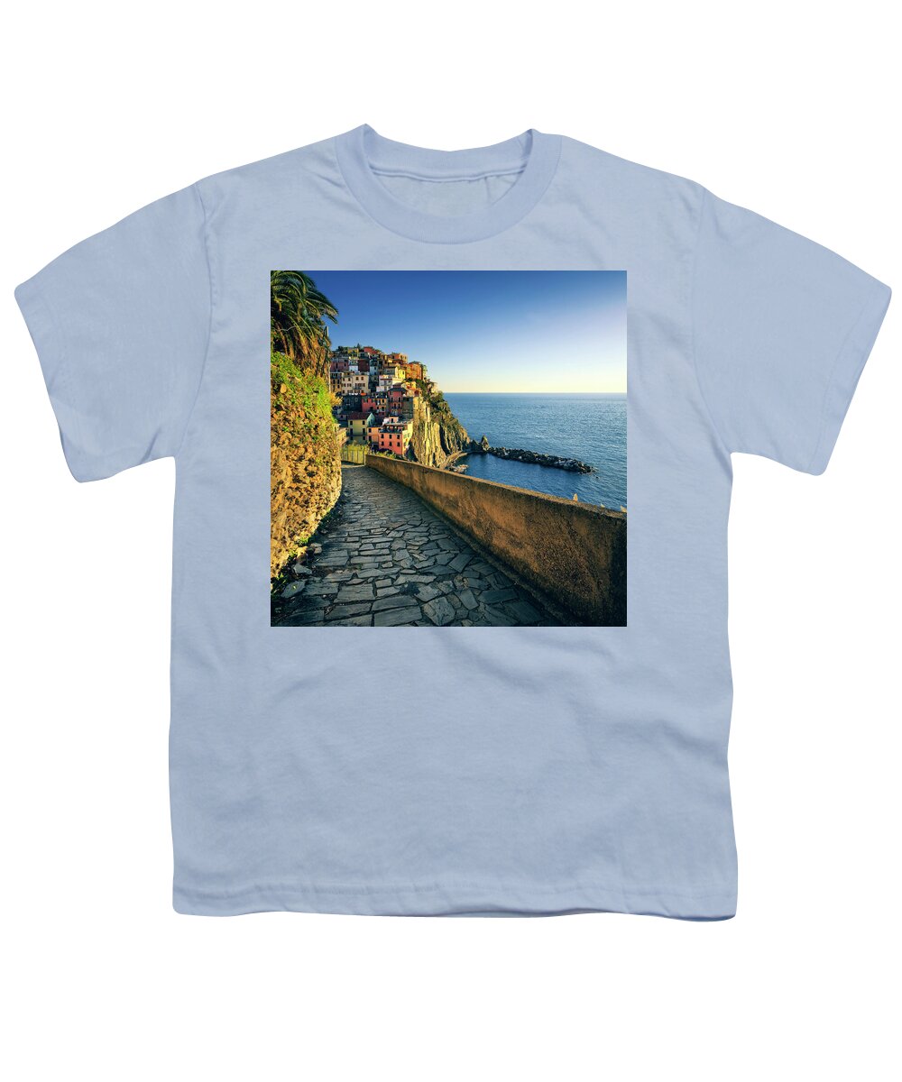 Manarola Youth T-Shirt featuring the photograph Manarola village, stone trekking trail. Cinque Terre, Italy by Stefano Orazzini