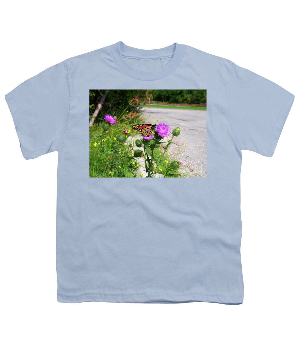 Monarch Butterfly Youth T-Shirt featuring the photograph Monarch butterfly Danaus plexippus on a thistle by Louise Heusinkveld