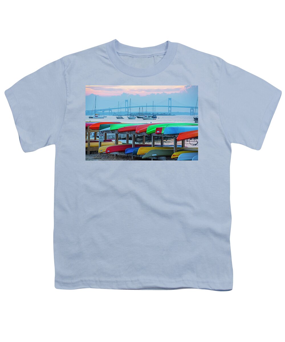 Newport Youth T-Shirt featuring the photograph Newport RI King Beach Kayaks Newport Harbor Sunset Pell Bridge by Toby McGuire