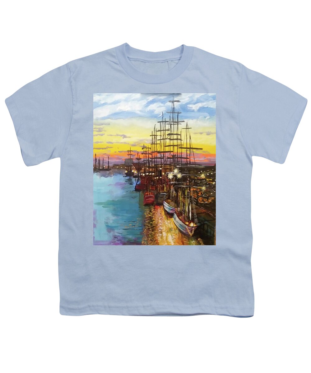 Seaport Youth T-Shirt featuring the painting Sitting on the Dock of the Bay by Mike Benton