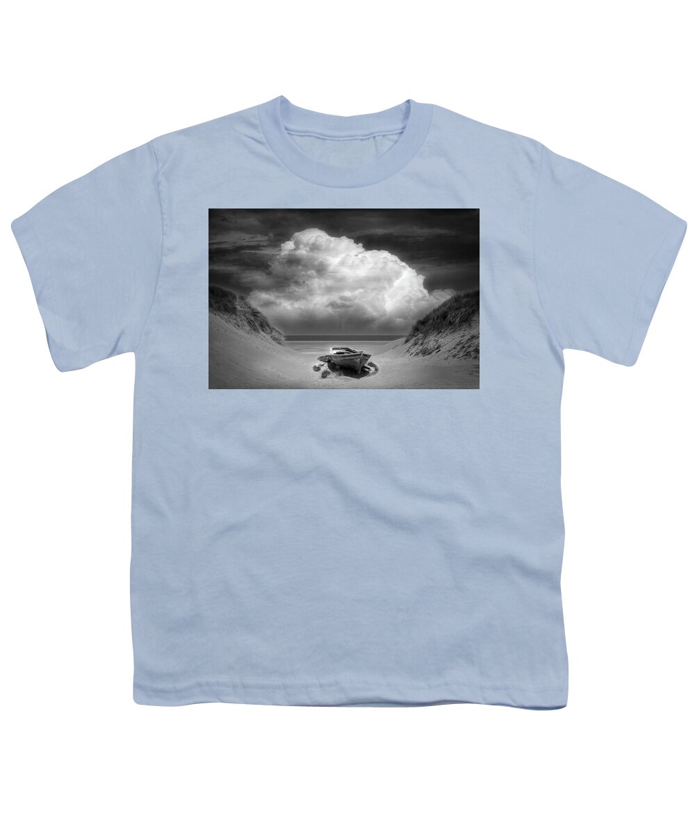 Boats Youth T-Shirt featuring the photograph Sun Beached in Radiant Black and White by Debra and Dave Vanderlaan