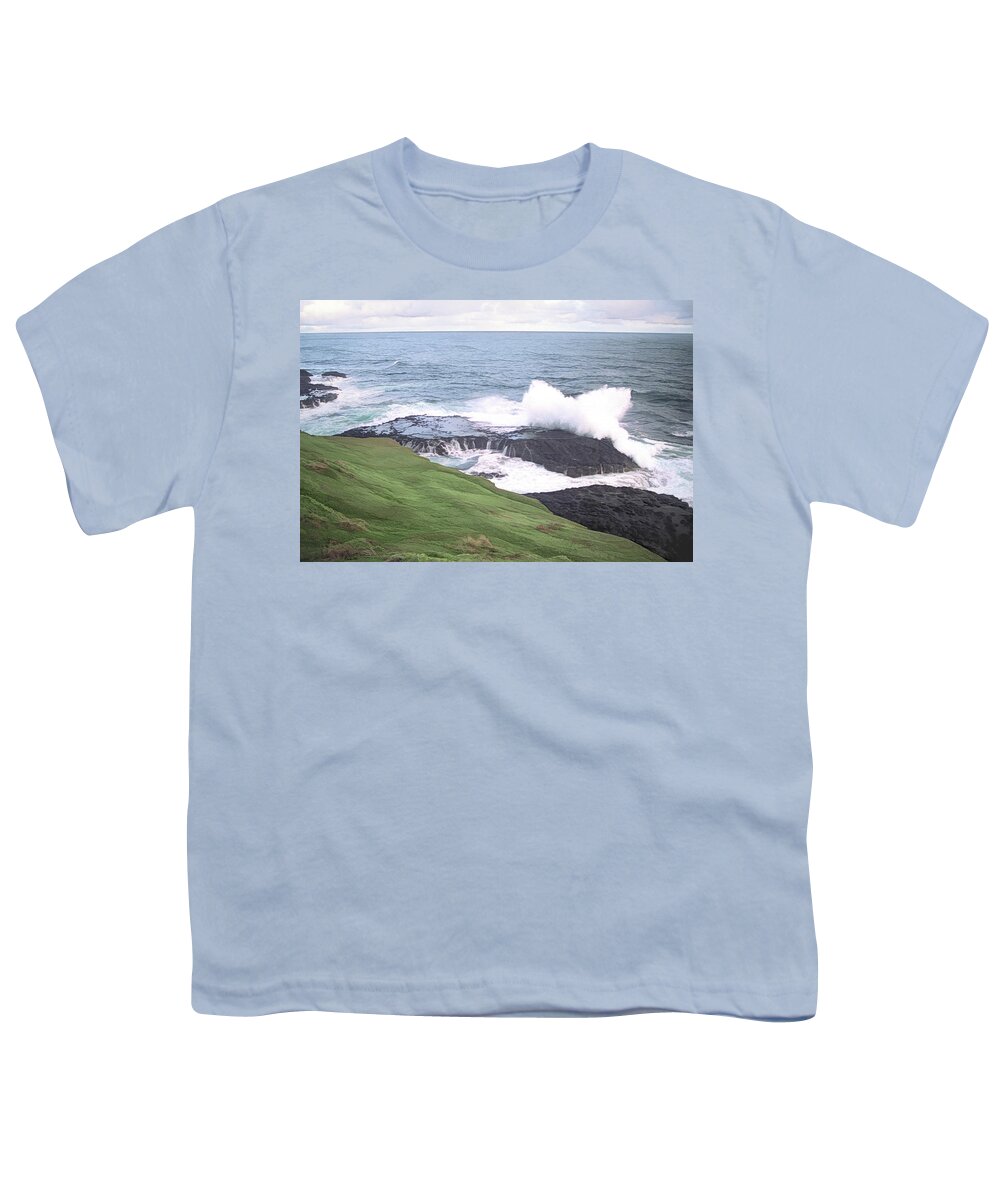 Landscape Youth T-Shirt featuring the digital art Wave Crashing on Rocky Shore by Dennis Lundell