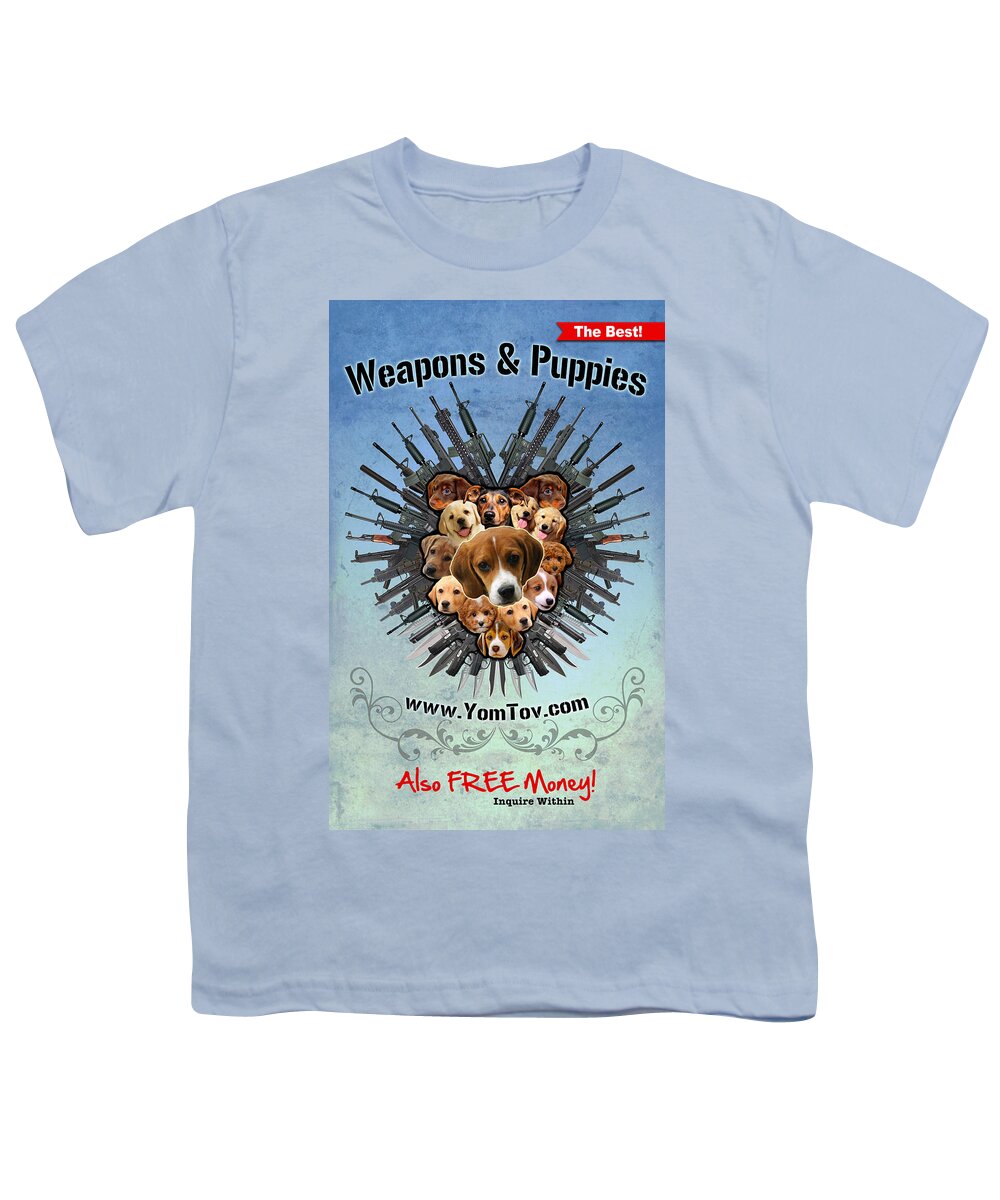 Weapons Youth T-Shirt featuring the painting Weapons and Puppies Blue by Yom Tov Blumenthal