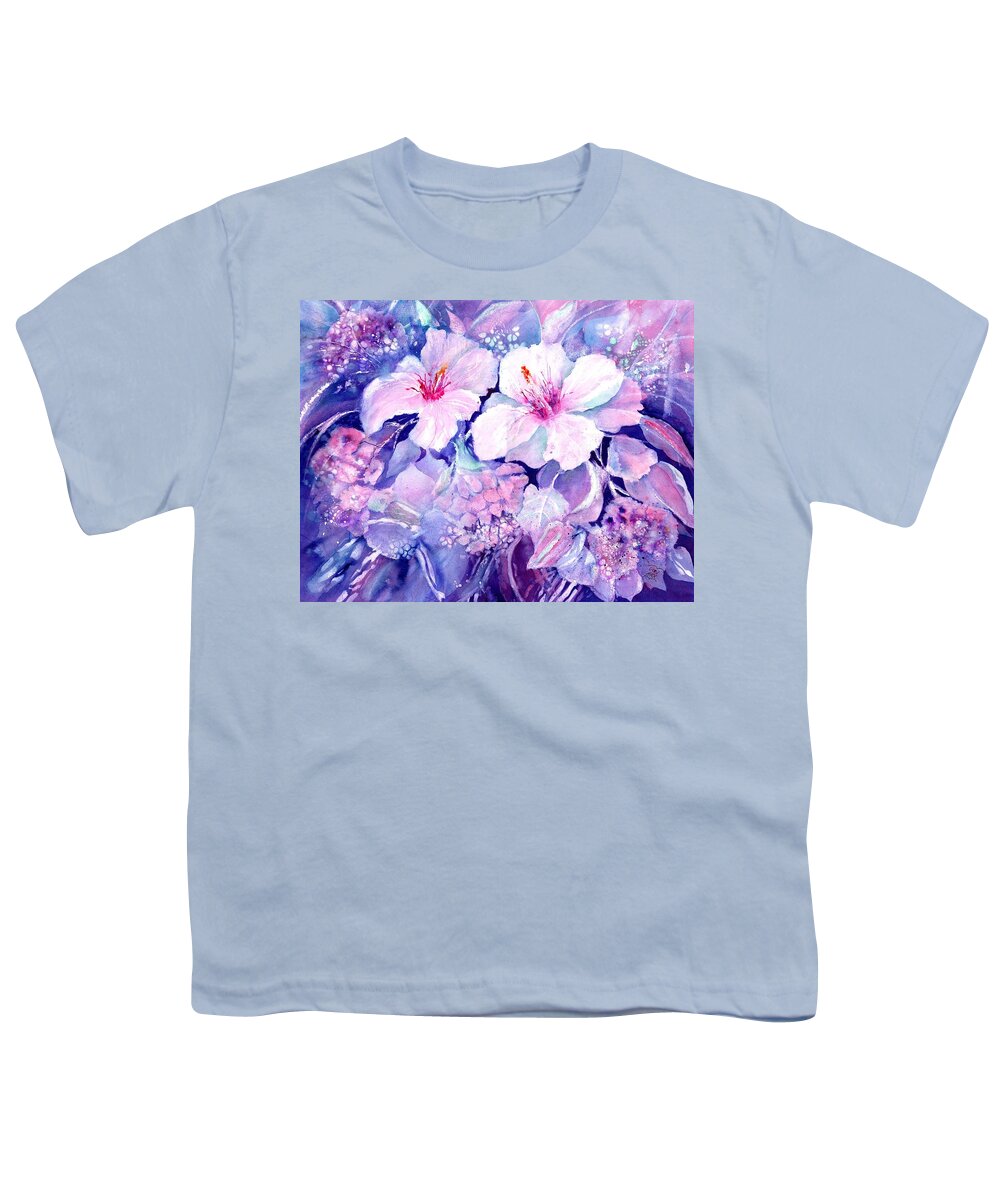 White Hibiscus Youth T-Shirt featuring the painting White Hibiscus and Hydrangeas by Sabina Von Arx