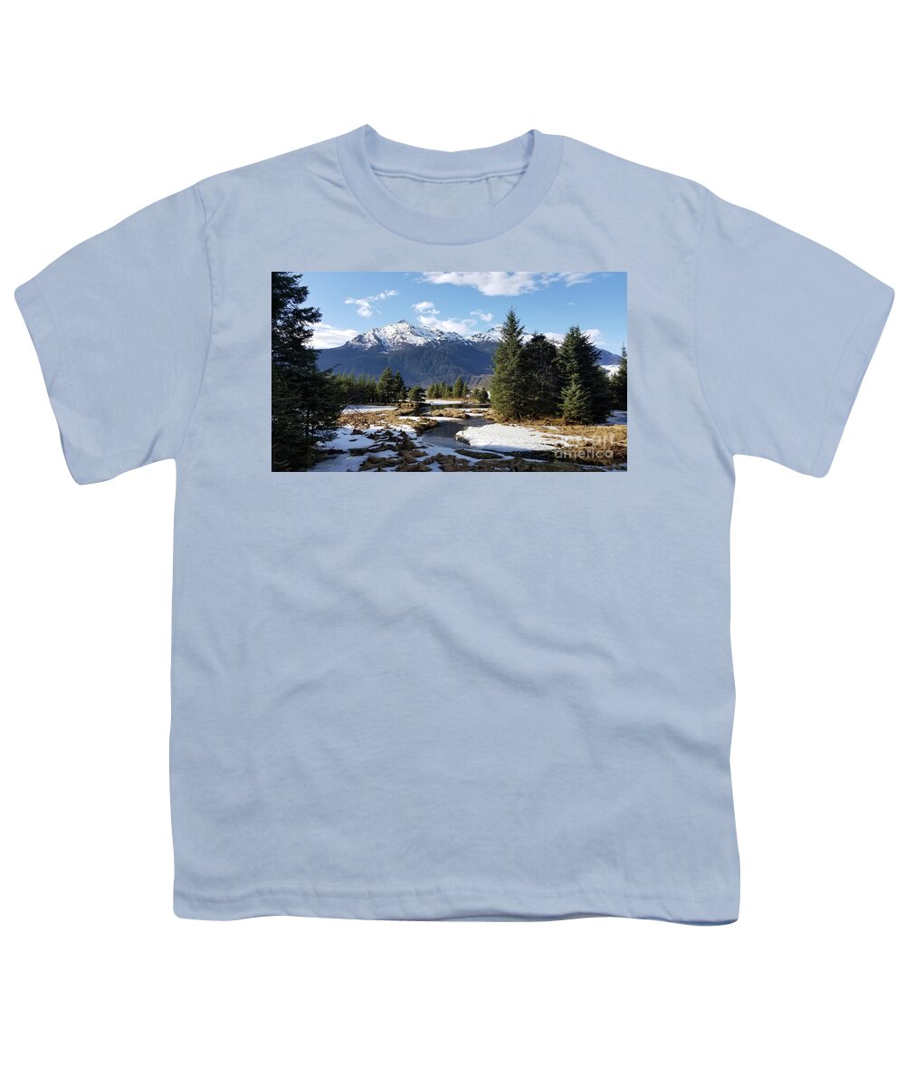 #alaska #ak #juneau #cruise #tours #vacation #peaceful #sealaska #southeastalaska #calm #mendenhallglacier #glacier #capitalcity #dredgelakes #forrest #stream #hike #hiking #snow #cold #clouds #spring #mtmcginnis #sprucewoodstudios Youth T-Shirt featuring the photograph Spring at Mt. McGinnis by Charles Vice