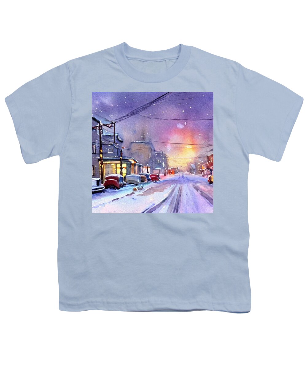 Watercolor Youth T-Shirt featuring the painting 1950s Streetscape in Winter by Christopher Lotito