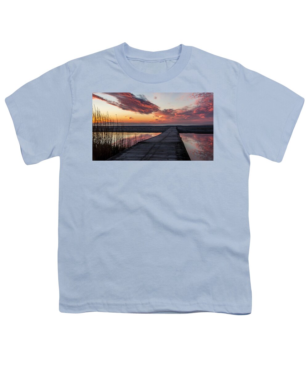 Abstract Youth T-Shirt featuring the photograph Beautiful sunset. golden, orange, blue colors over the sea. sky #3 by Karlaage Isaksen