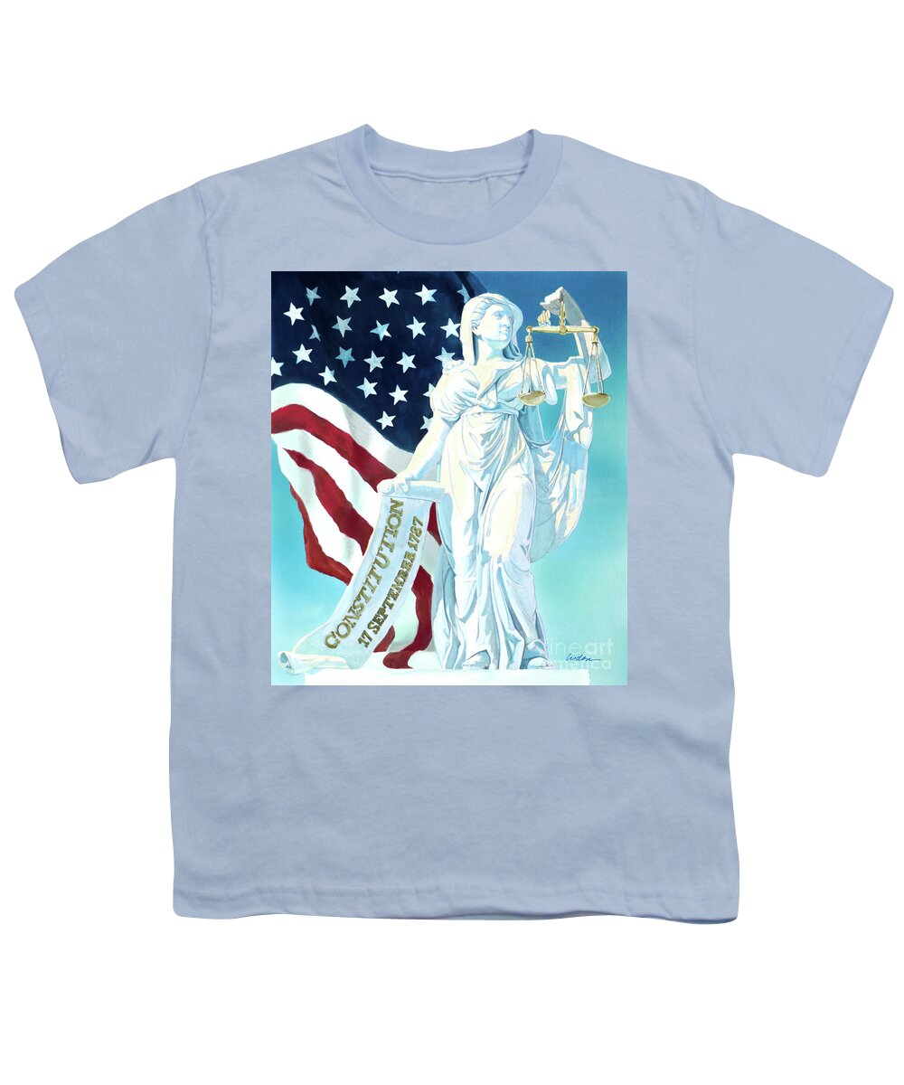 Tom Lydon Youth T-Shirt featuring the painting America - Genius of America - Justice Holding Scale And Scrolls by Tom Lydon