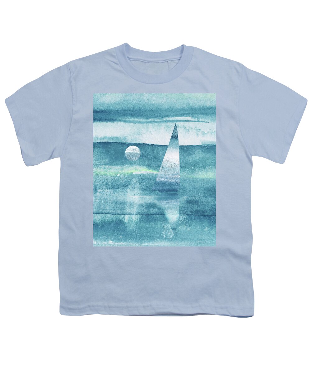 Beach Art Youth T-Shirt featuring the painting Aqua Blue Teal Sailboat At The Ocean Shore Seascape Painting Beach House Watercolor I by Irina Sztukowski