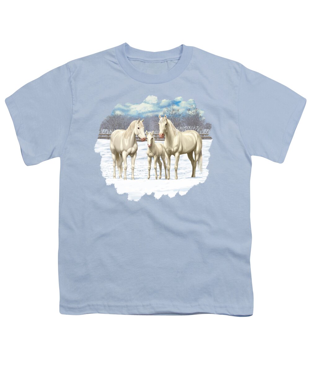 Horses Youth T-Shirt featuring the painting White Horses In Winter Pasture by Crista Forest