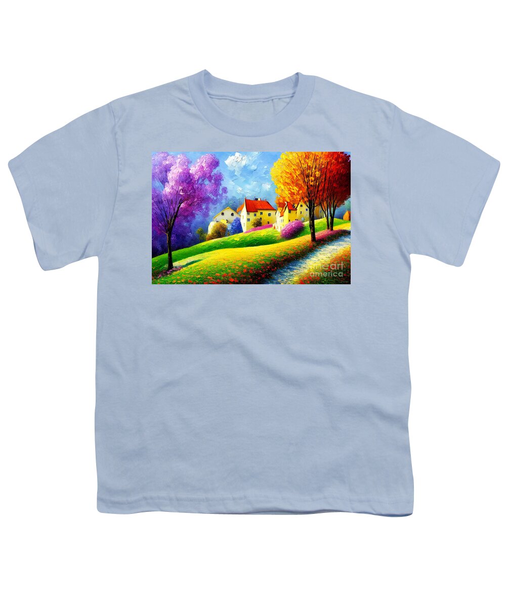 Wingsdomain Youth T-Shirt featuring the mixed media Autumn Comes To The Countryside Village On The Hill 20221116f by Wingsdomain Art and Photography
