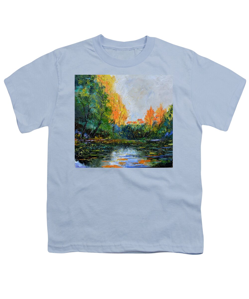 Landscape Youth T-Shirt featuring the painting Autumnal quiet waters by Pol Ledent