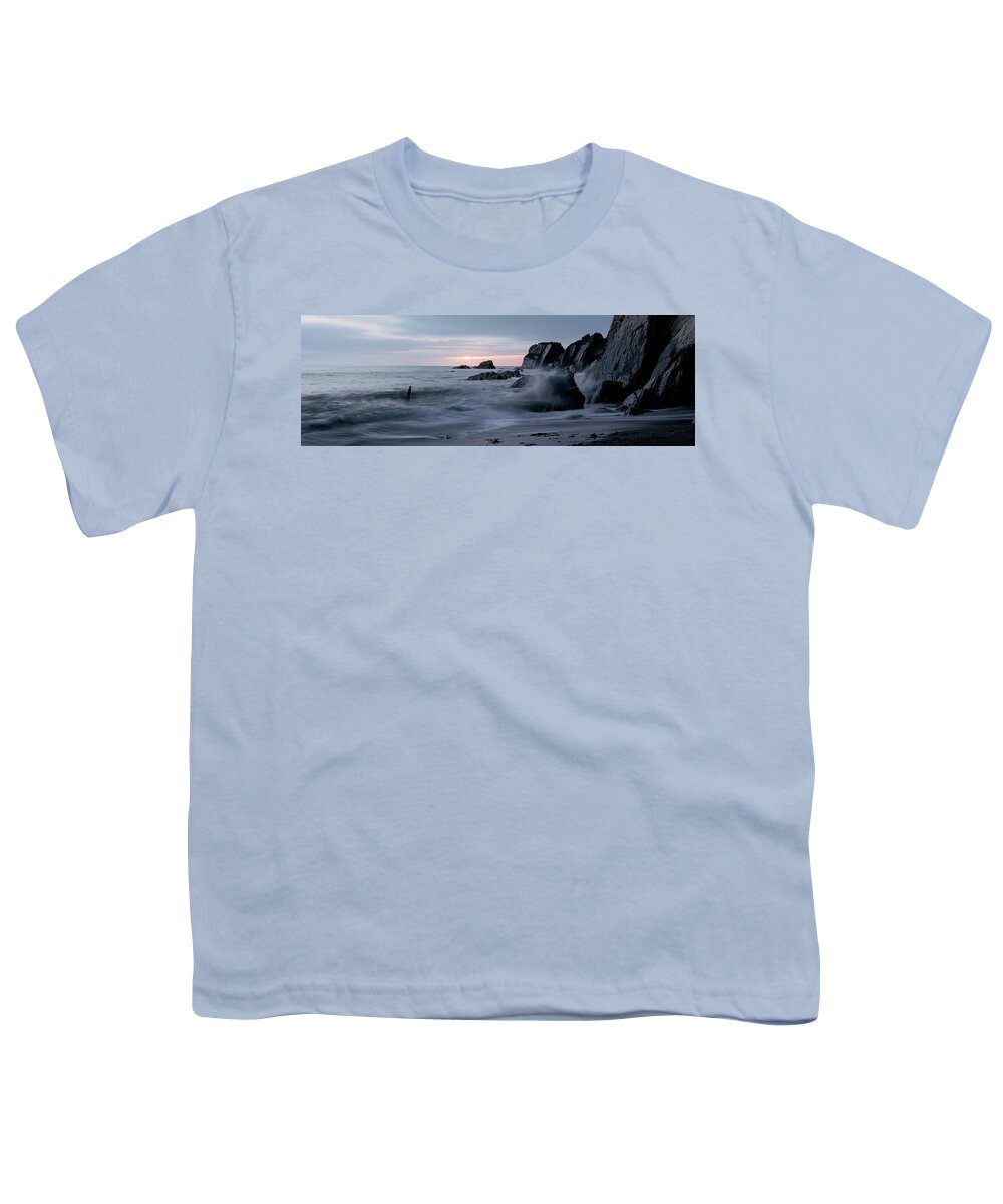 Devon Youth T-Shirt featuring the photograph Ayrmer-cove-south-hams-devon-coast-beach-sunset-waves-panorama by Sonny Ryse