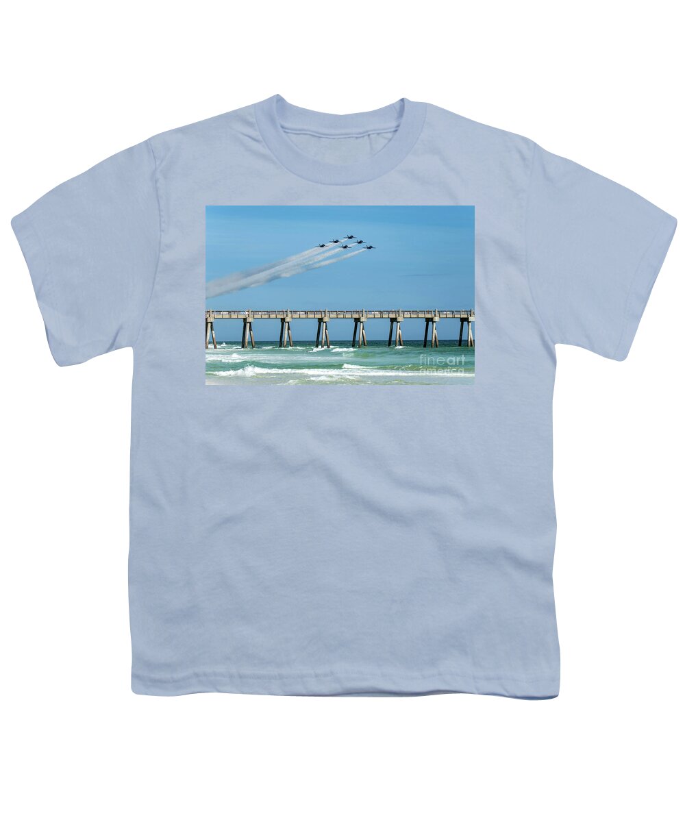 Blue Angels Youth T-Shirt featuring the photograph Blue Angels Over Pensacola Beach Fishing Pier by Beachtown Views