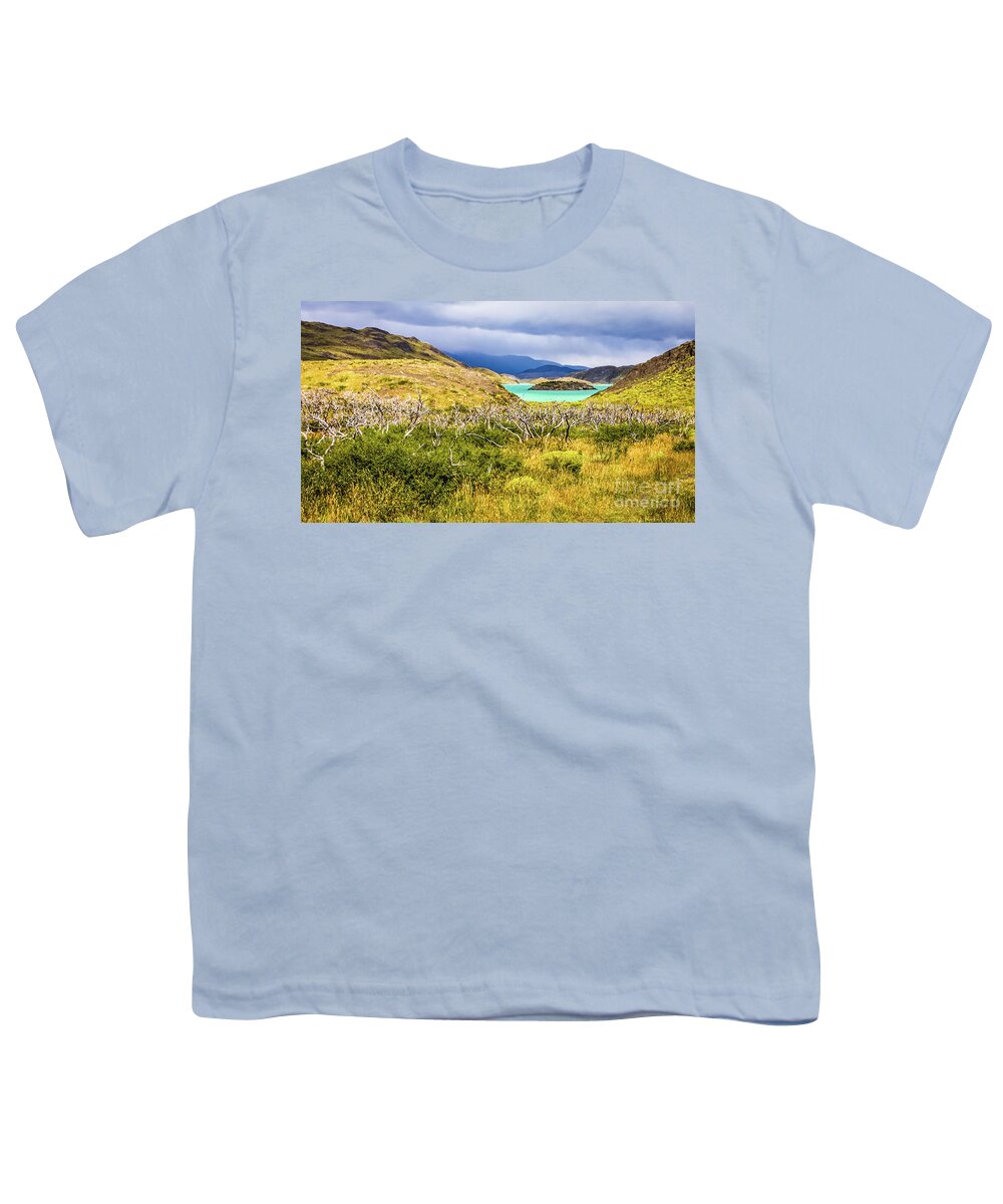 Torres Del Paine Youth T-Shirt featuring the photograph Blue lagoon in Torres del Paine, Chile by Lyl Dil Creations