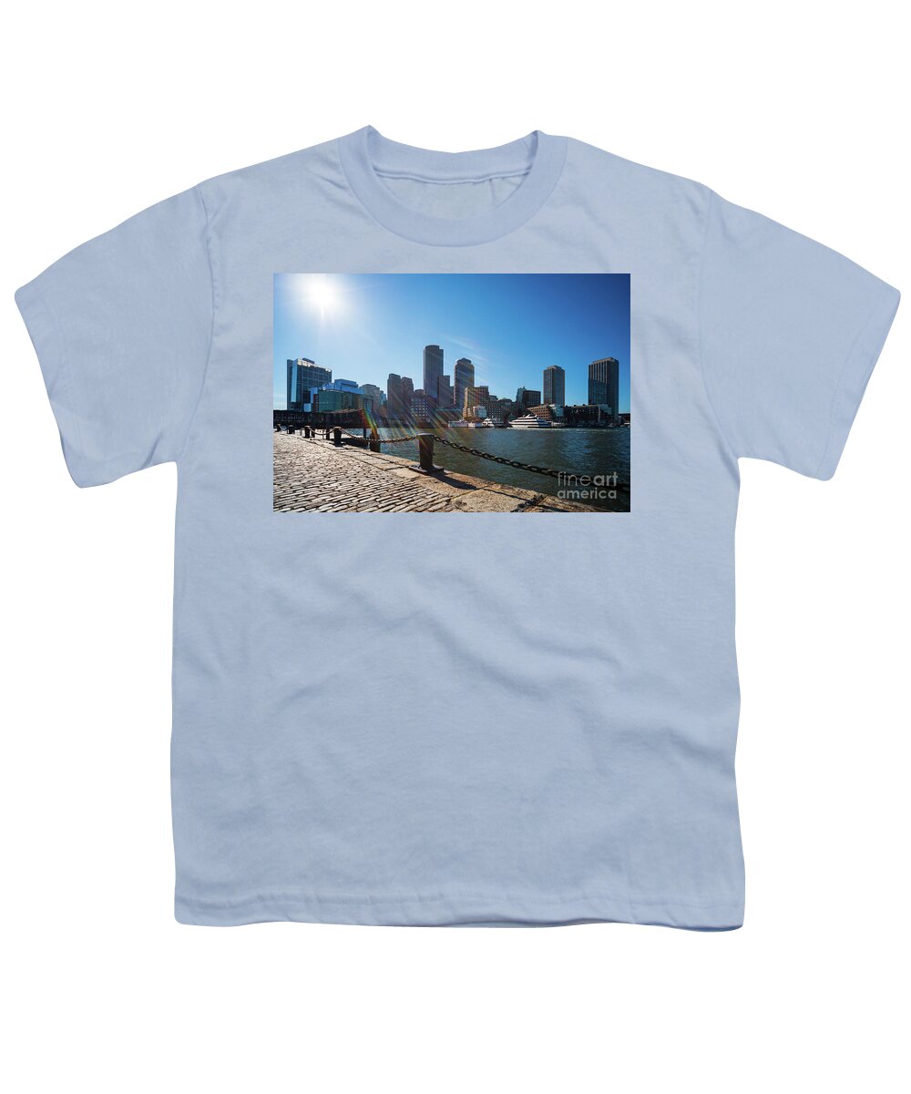 2014 Youth T-Shirt featuring the photograph Boston Skyline Downtown City Buildings and Sun Photo by Paul Velgos