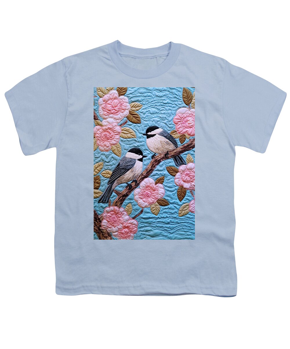 Chickadees Youth T-Shirt featuring the digital art Chickadees and Cherry Blossoms - Quilted Effect by Peggy Collins