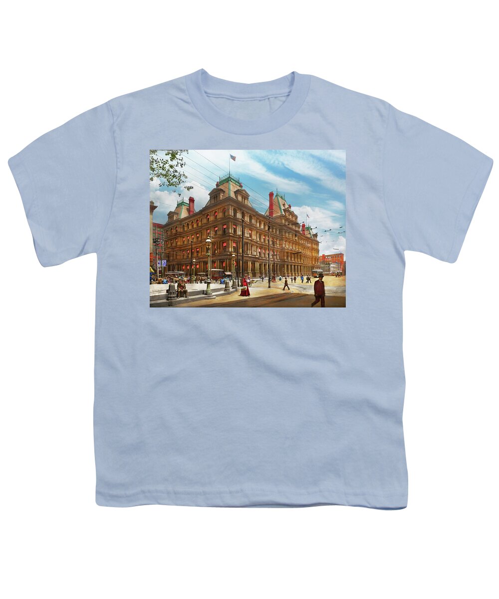City Youth T-Shirt featuring the photograph City - Cincinnati, OH - The Federal Building 1901 by Mike Savad