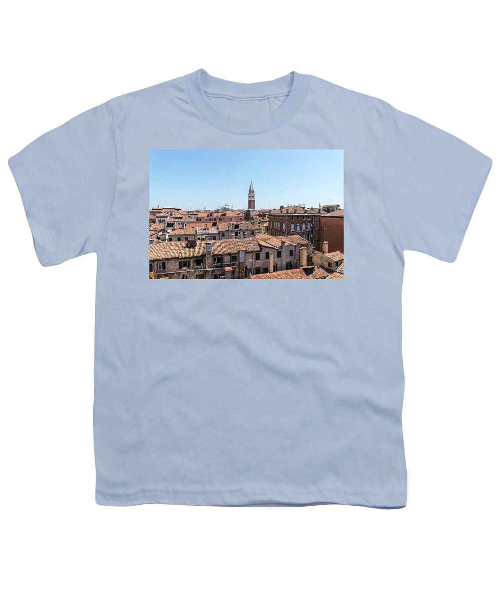 Classic Venetian Youth T-Shirt featuring the photograph Classic Venetian - Terracotta Rooftops Vista Centered on Saint Mark Basilica Campanile by Georgia Mizuleva