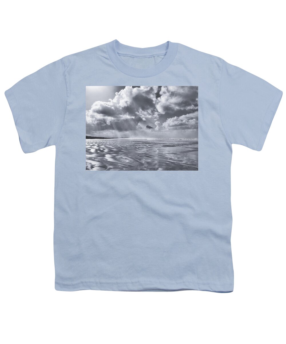 Landscape Youth T-Shirt featuring the photograph Combers Beach and Sunrays Black and White by Allan Van Gasbeck