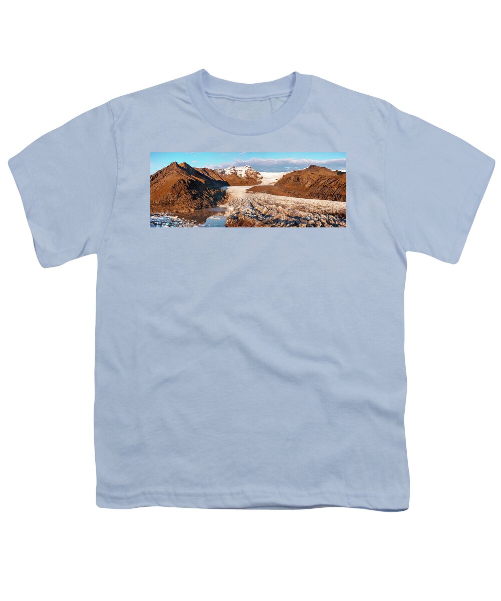 White Youth T-Shirt featuring the photograph Drone shot of the Svinafellsjokull glacier, mountains and glacial lagoon. Wide panorama in autumn. Vatnajokull Naional Park by Jane Rix