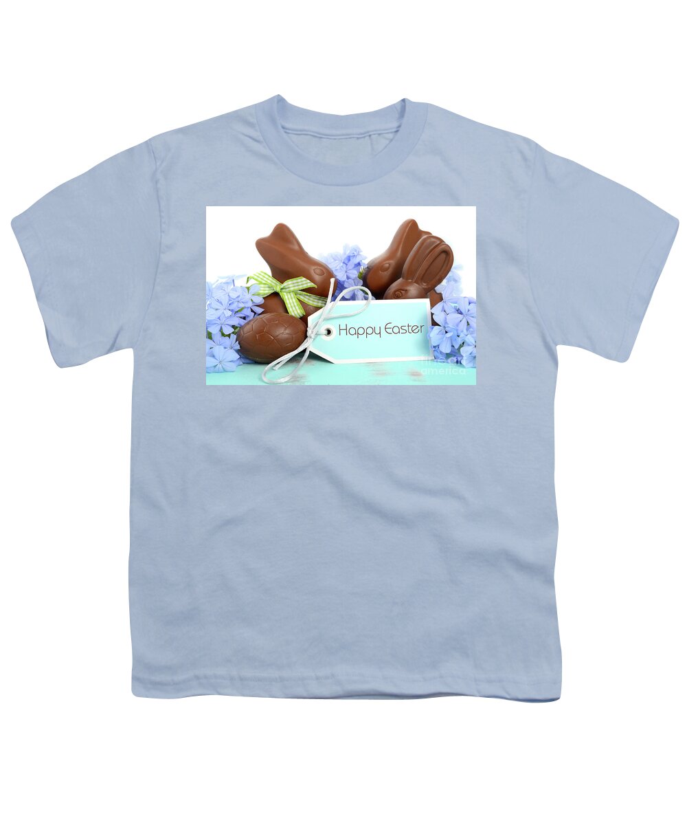 Blue Youth T-Shirt featuring the photograph Happy Easter chocolate bunny by Milleflore Images