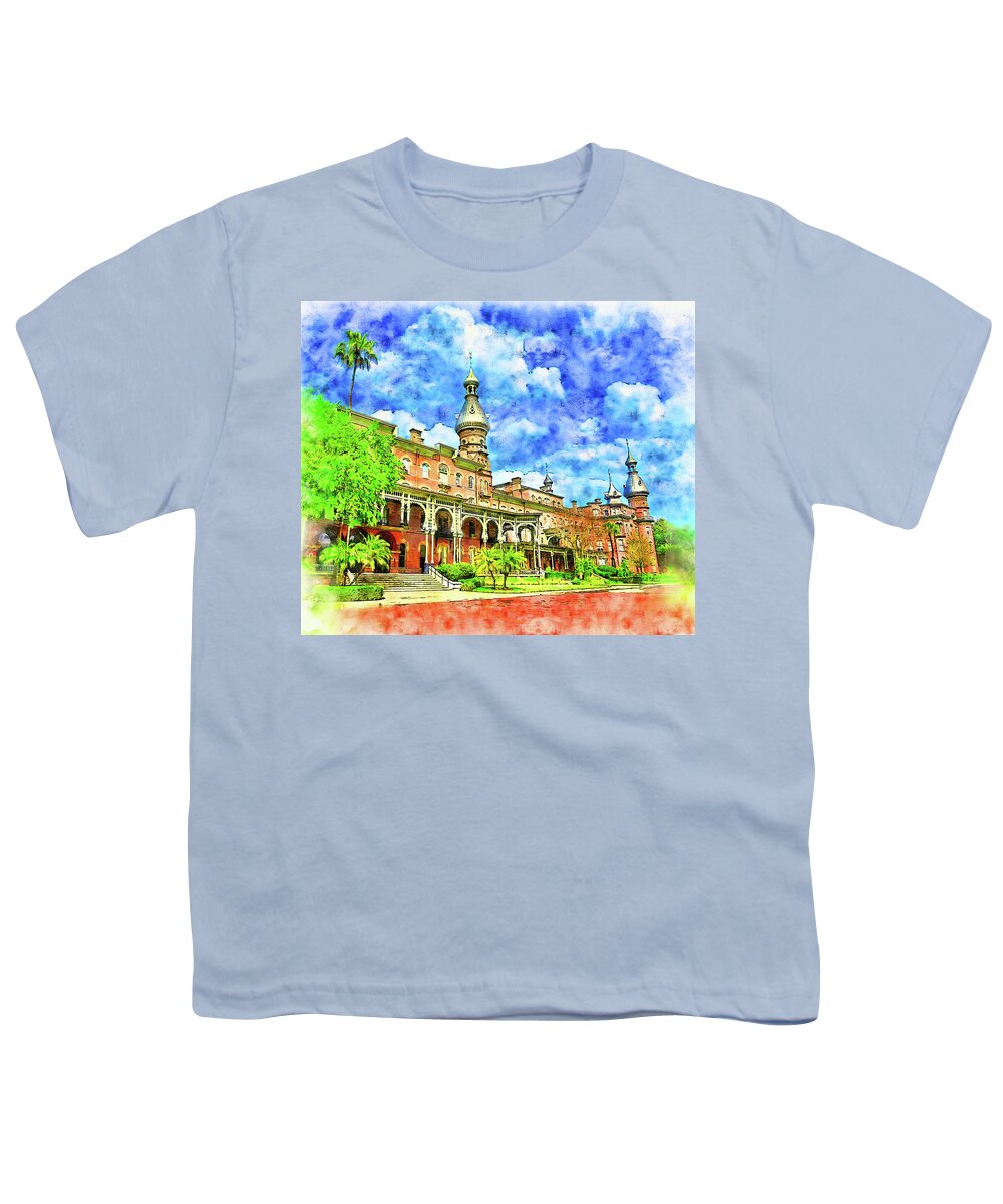 Henry B. Plant Museum Youth T-Shirt featuring the digital art Henry B. Plant Museum in Tampa, Florida - pen and watercolor by Nicko Prints