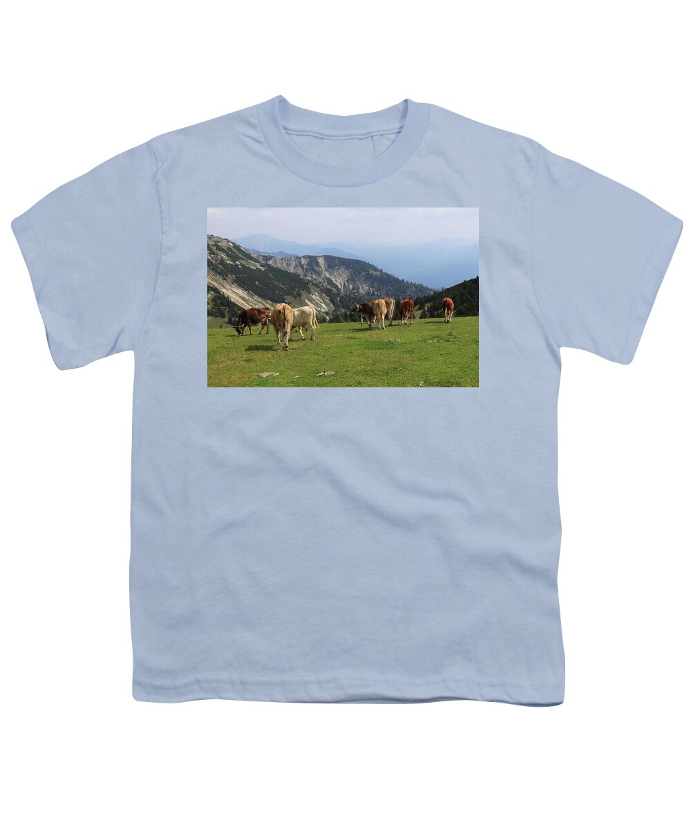 Hochkar Youth T-Shirt featuring the photograph Herd of Pinzgauer cattle grazes on the Hochkar mountain with an incredible and soothing view of the rest of the Austrian Alps. Organic product, the freshest and highest quality milk. by Vaclav Sonnek