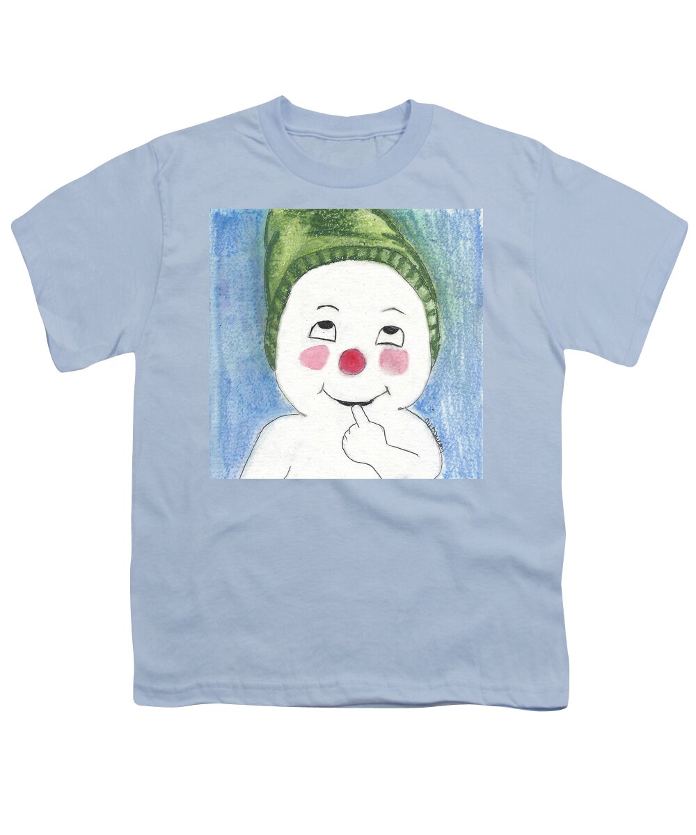 Snowman Youth T-Shirt featuring the painting Jacques Frost Snowman with Rosy cheeks and a Green Toboggan by Ali Baucom