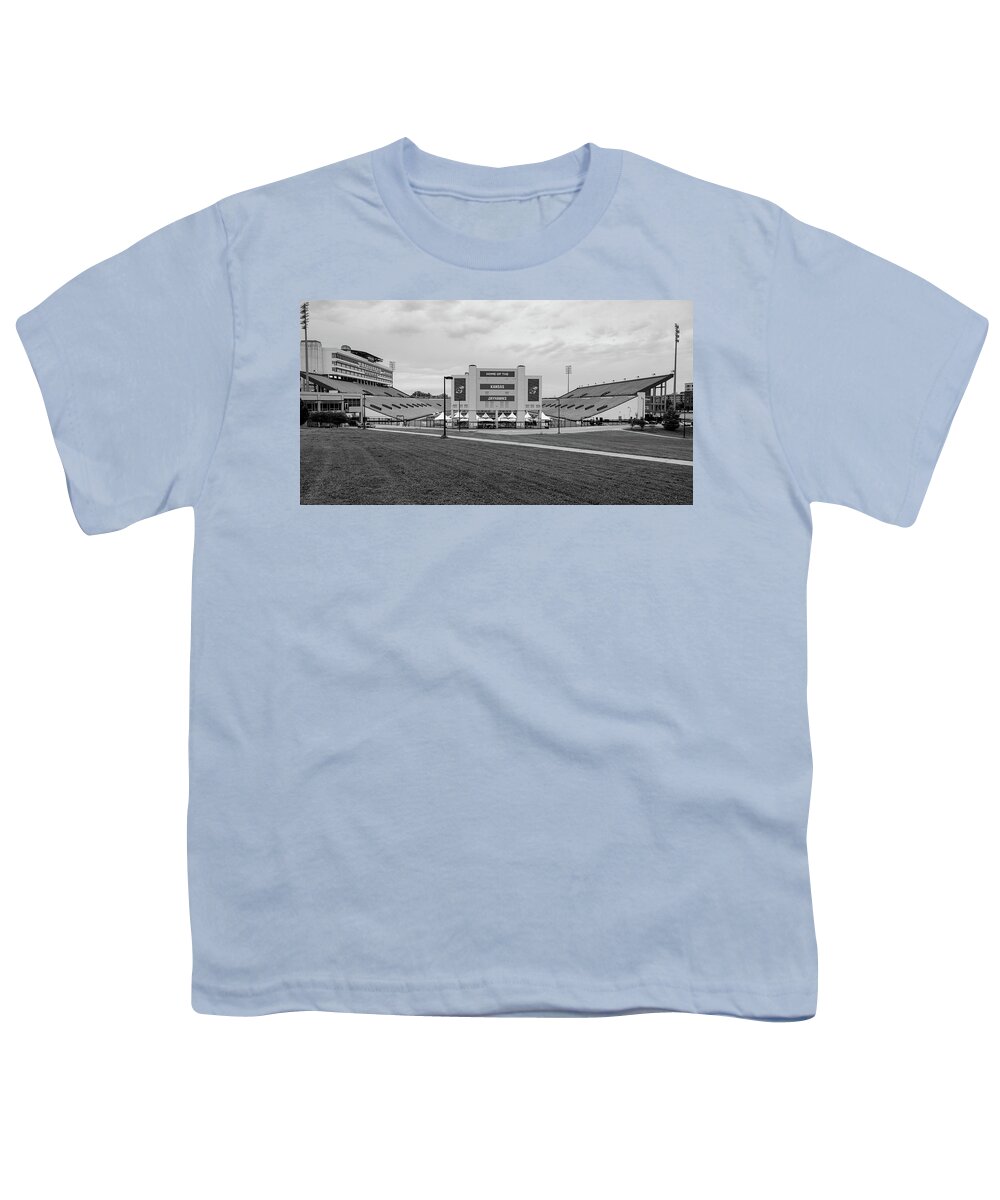 Kansas Jayhawks Stadium Youth T-Shirt featuring the photograph Kansas Jayhawks football stadium in black and white by Eldon McGraw