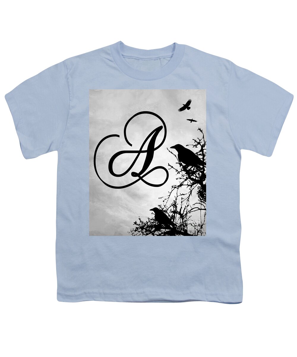 Letter A Youth T-Shirt featuring the mixed media Letter A Design 43 Crow Birds by Lucie Dumas
