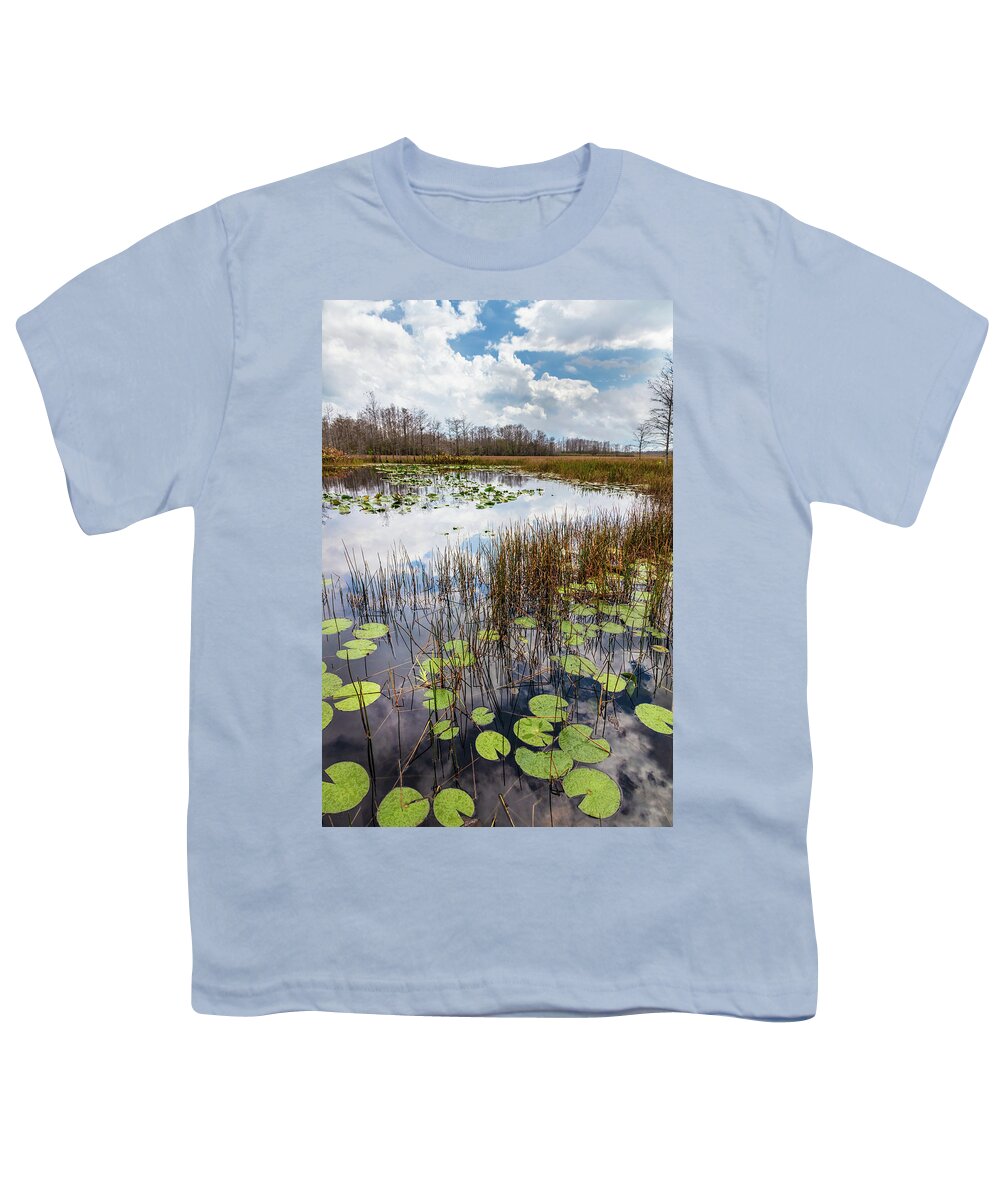 Clouds Youth T-Shirt featuring the photograph Lily Pads Floating on the Glades by Debra and Dave Vanderlaan