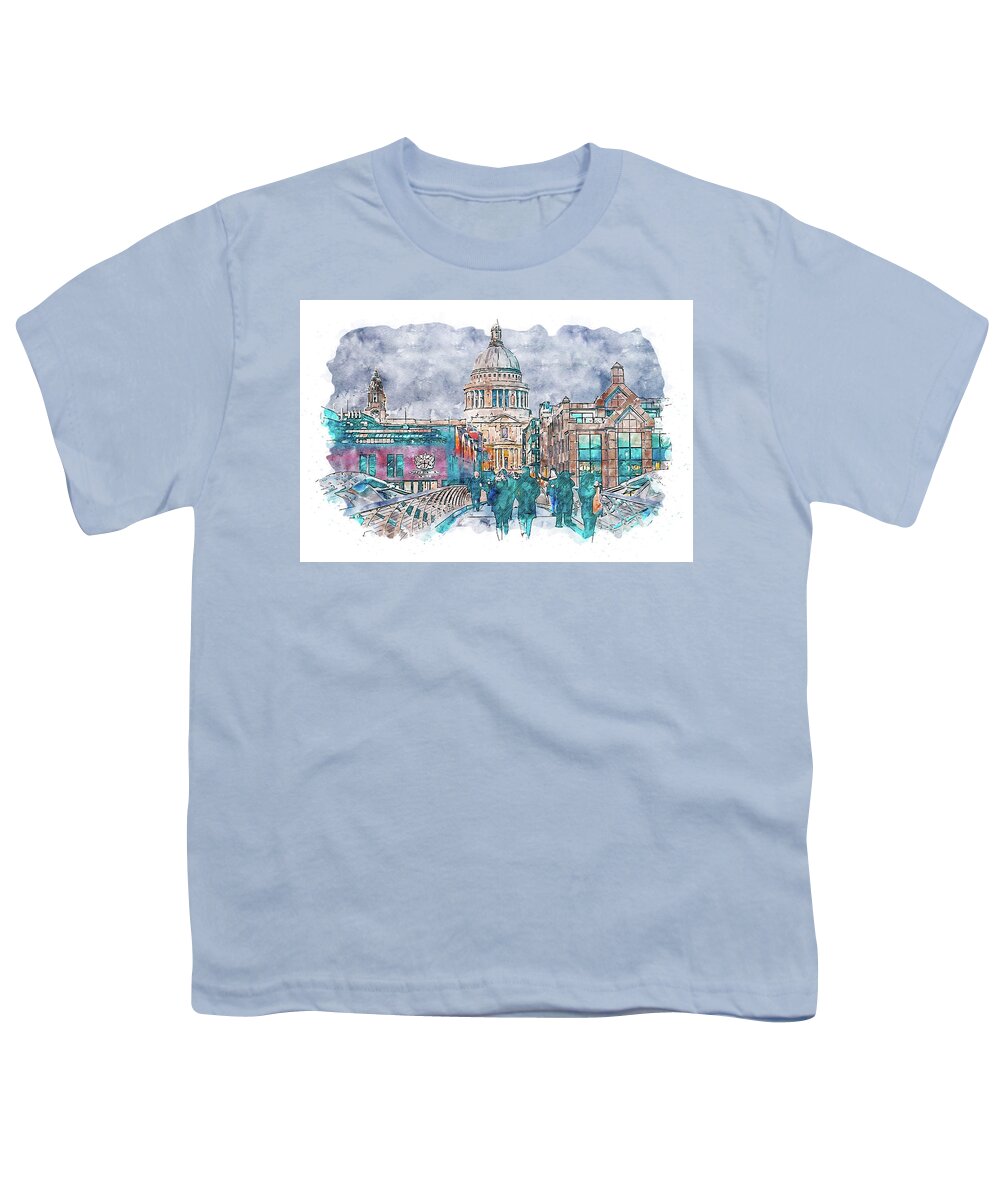 London Street Youth T-Shirt featuring the painting London Cityscape - 07 by AM FineArtPrints