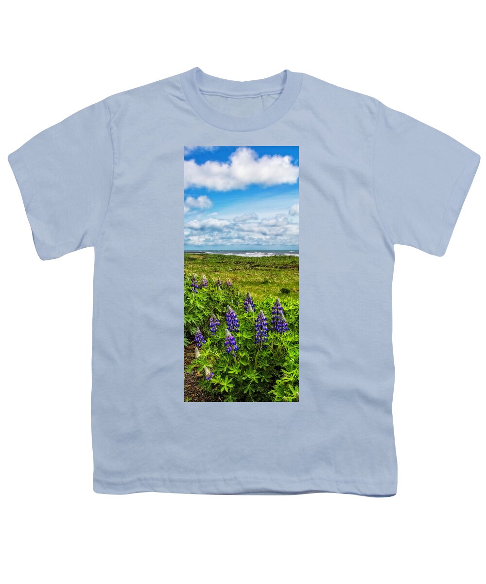 Clouds Youth T-Shirt featuring the photograph Lupines at the Edge of the Sea Vertical Panorama by Debra and Dave Vanderlaan