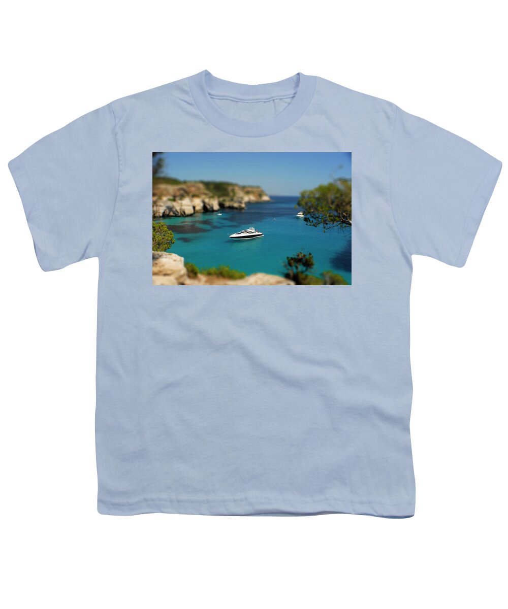 Tropical Youth T-Shirt featuring the photograph Menorca, island, Spain, photo effect miniature yacht by Severija Kirilovaite