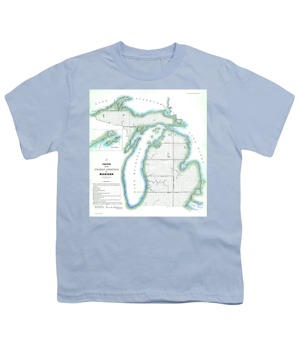 Sketch Of The Public Surveys In Michigan / Surveyor General's Office Youth T-Shirt featuring the digital art Michigan Public Survey Map 1855 by Stoneworks Imagery