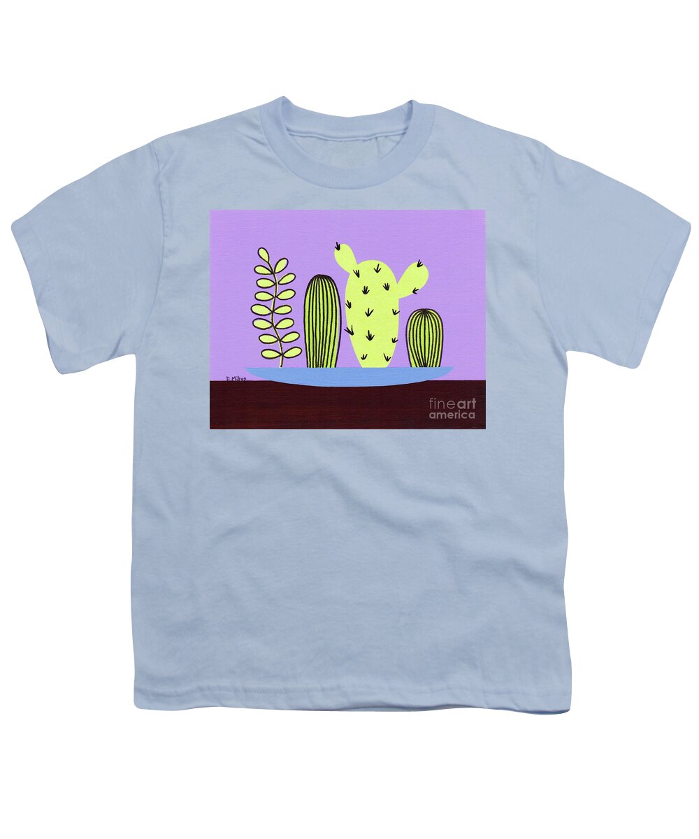 Mid Century Modern Youth T-Shirt featuring the painting Mid Century Tabletop Cactus by Donna Mibus
