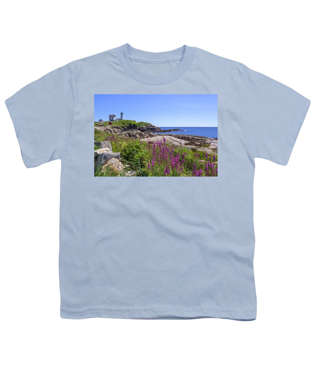 Maine Youth T-Shirt featuring the photograph Nubble Light Flowers by Chris Whiton