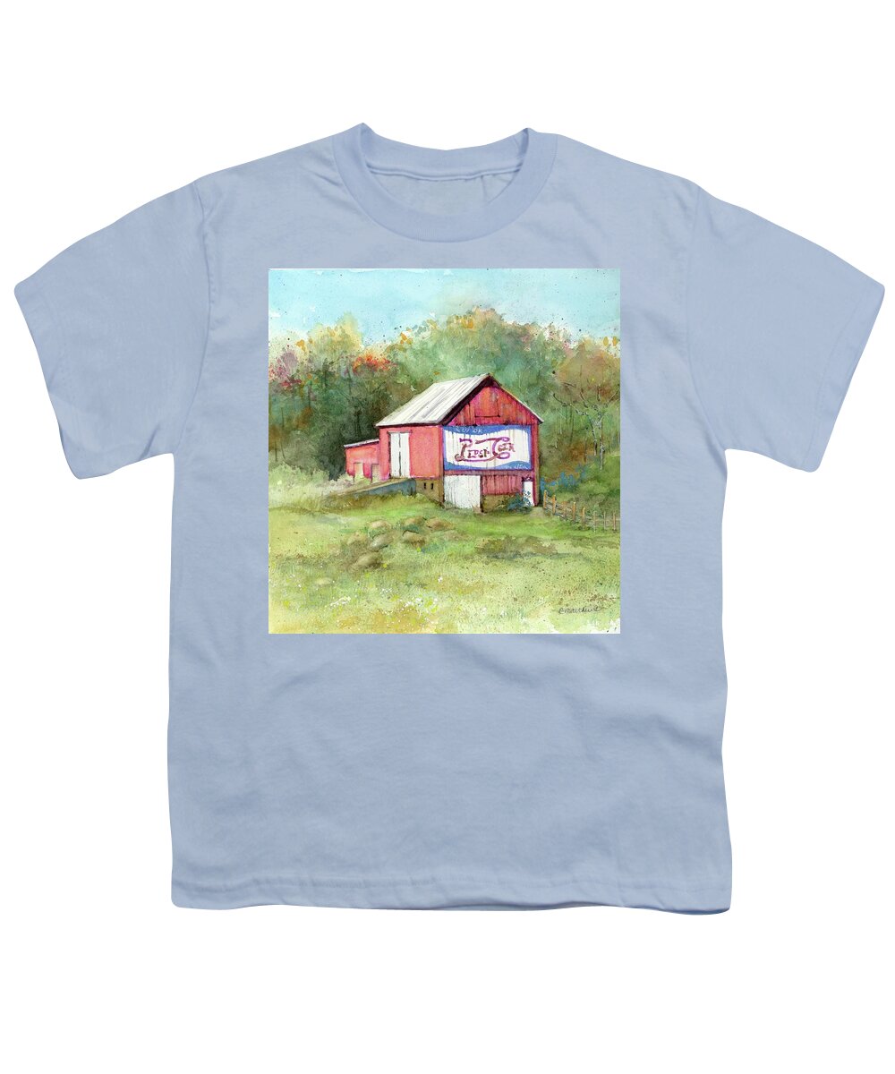 Pepsi Barn Youth T-Shirt featuring the painting Pepsi Barn on Highway 61 by Rebecca Matthews