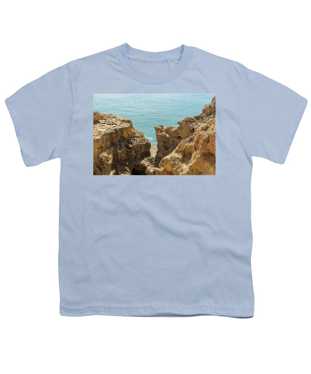 Sea Sculpted Youth T-Shirt featuring the photograph Sculpted Clifftops - Carvoeiro Algarve Gold Coast in Portugal by Georgia Mizuleva