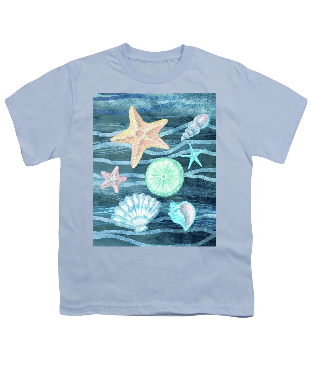 Beach Art Youth T-Shirt featuring the painting Sea Stars And Shells On Blue Waves Watercolor Beach Art Collection III by Irina Sztukowski