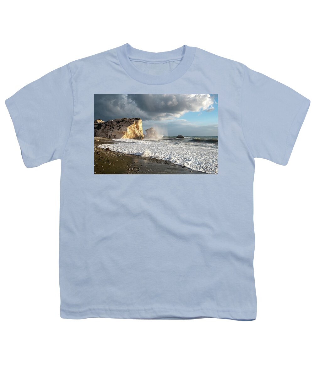 Seascape Youth T-Shirt featuring the photograph Seascape with windy waves splashing on the coast by Michalakis Ppalis