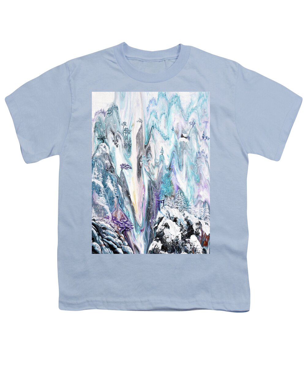 Torii Youth T-Shirt featuring the painting Snow Falling Quietly on Torii by Laura Iverson